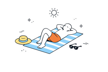 Minimal sunbathing moment. A relaxed figure lies on a towel under the sun, with a hat and sunglasses placed nearby. The illustration captures quiet rest and a
