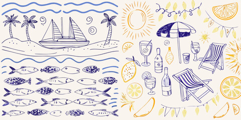 Naklejka premium A playful doodle illustration depicting a vibrant summer beach scene