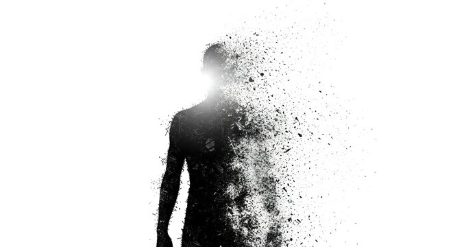 Human silhouette shattering into particles on a stark white background abstract concept