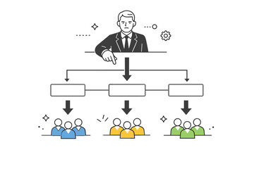 Top-down decision structures. A senior leader standing above a simplified hierarchy chart, pointing at decisions flowing downward to smaller team figures