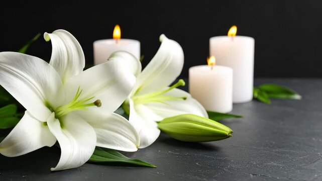 Delicate white lilies and glowing candles on a dark background symbolize peace and remembrance