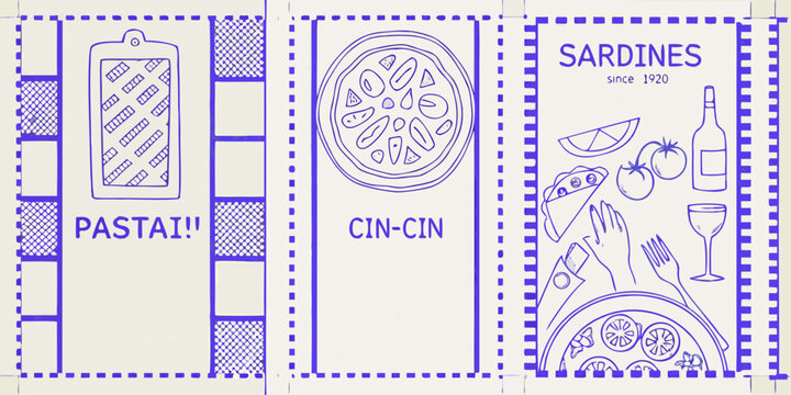 Vintage style food illustrations pasta cin cin and sardines designs