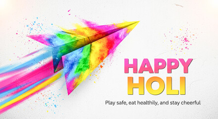 Fototapeta premium Holi Festival: A colorful paper plane design with Holi greetings and wishes. A joyful scene with vibrant colors and artistic expression.