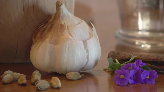 Whole organic garlic bulb surrounded by dried cardamom pods and fresh purple edible flowers on a wooden table. Natural ingredients for healthy vegetarian seasoning and garnish.