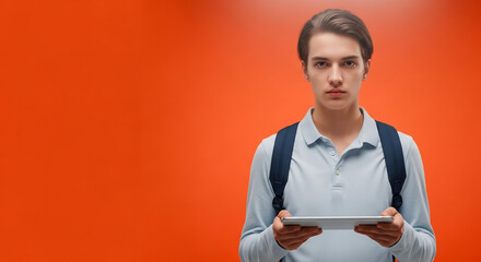 オレンジ背景における真剣な表情の若い男性とタブレット端末