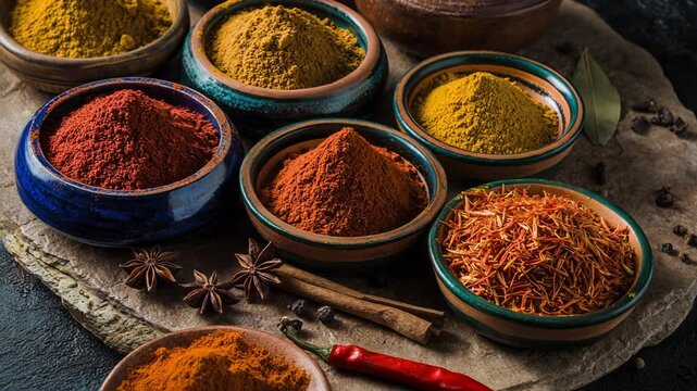 Colorful assorted spices in ceramic bowls on rustic surface