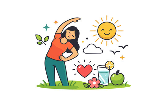 Spring self care healthy daily ritual with light stretching, fresh air, and sun symbols, expressing self respect, energy renewal, and positive lifestyle