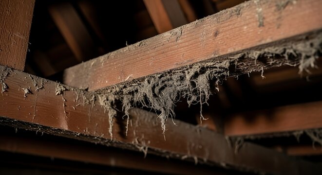 Closeup of wood beam with termite damage and droppings