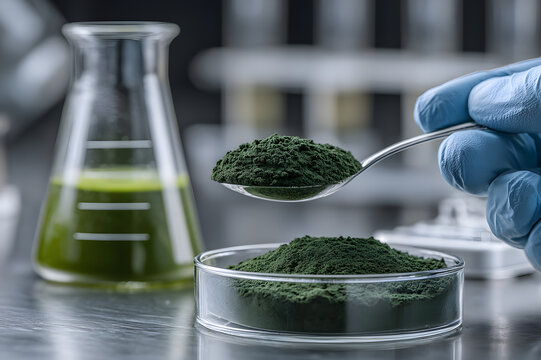 Spirulina powder measurement in laboratory, green microalgae extract in petri dish and glassware, scientist analyzing superfood supplement, plant-based protein nutrition research concept.
