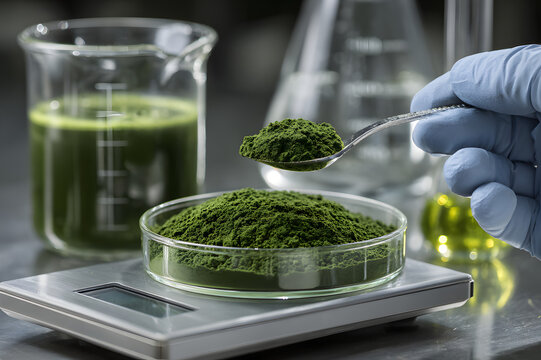 Spirulina powder measurement in laboratory, green microalgae extract in petri dish and glassware, scientist analyzing superfood supplement, plant-based protein nutrition research concept.