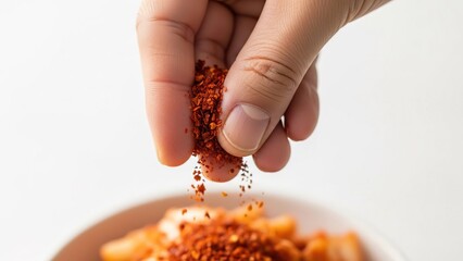Hand sprinkling spices on delicious homemade pizza close-up top view food styling
