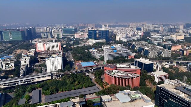 Aerial video of Morning unfolds over Deccan Park as metro lines, glass offices, and tree-lined corridors shape Hyderabad&rsquo;s thriving tech landscape.
