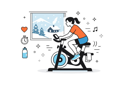 Cross-training for runners in winter. A person cycling on a stationary bike near a window with winter scenery outside, steady rhythm and
