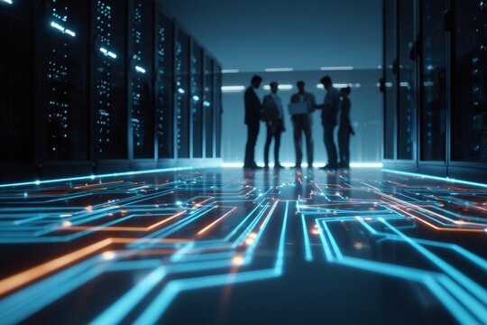 Strategic minds in the digital fortress. Ai concept. Integrating expertise: it professionals in data security discussion. Digital transformation. Cyber interaction.