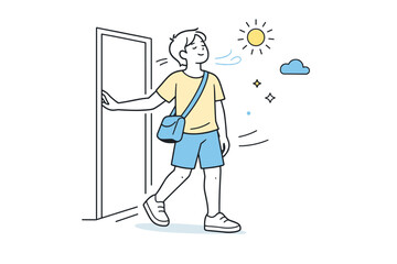 Fototapeta premium Seasonal reset feelings. A person stepping outside with lighter clothing, pausing briefly as if noticing the air. Fresh start energy, gentle optimism, soft