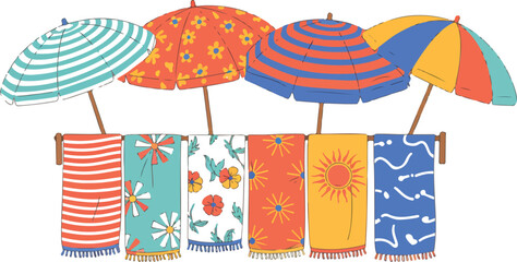 Beach Vacation Vector Set with Colorful Umbrellas and Towels Summer Seaside Flat Design Collection