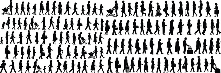 Silhouette people walking in rows, diverse crowd, strollers, carrying bags, children, urban lifestyle, daily activity, movement, diversity, community