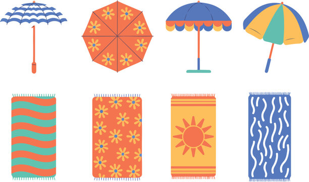 Summer Seaside Essentials Illustration Flat Design Umbrellas and Towels in Vibrant Patterns