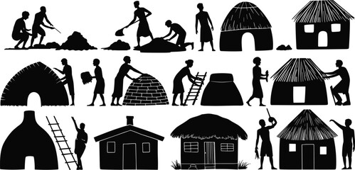 Silhouettes of people building and living in various types of houses and structures © Hey Tahera
