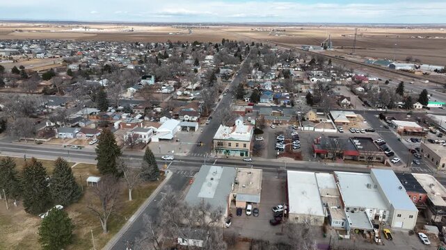 A Unique Little Town Ault Colorado residential and business downtown drone shot. Winter 2026