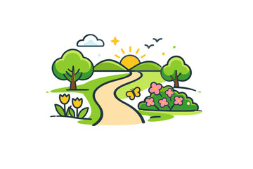 Fototapeta premium Casual walk in spring park simple path surrounded by fresh greenery and blossoms, reflecting slow living, clarity and seasonal joy. Minimalist flat vector