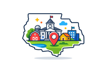 County represented as a small administrative area with a simple map outline, local buildings, and a central marker, conveying regional identity, governance,