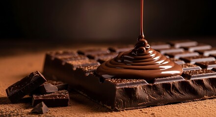 Obraz premium Hot chocolate sauce pouring on chocolate bar. Dessert preparation for confectionery, bakery, or cooking related projects. Sweet food concept.
