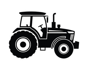 Black and white tractor silhouette with large rear wheel and enclosed cabin agriculture farm machinery