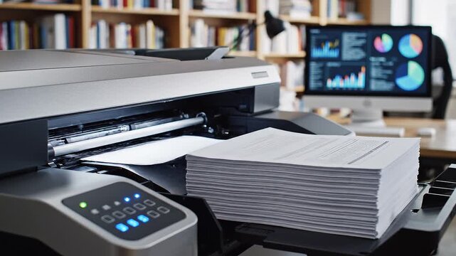 Office printer with stack paper.