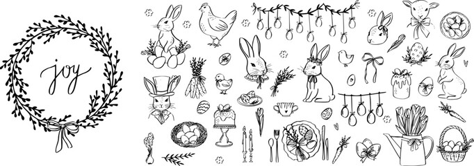 Obraz premium Easter bunny illustration with whimsical floral frame and ribbon bow, perfect for spring greeting cards, cottage-style designs, and festive decorations.