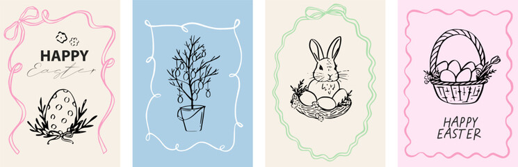 Easter bow whimsical floral frame ribbon coquette bunny flower spring for scrapbook and crafts with cute style. Border rabbit drawn design line vector pink graphic hand for social or design © VirinaDesign