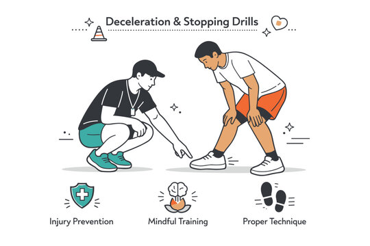 Deceleration and stopping drills. A coaching moment with a trainer pointing at foot placement while an athlete listens attentively. Learning