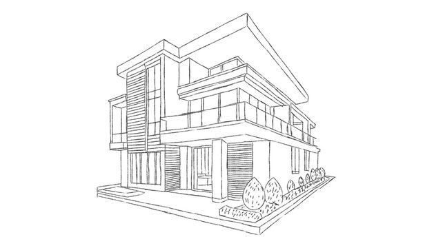 Architectural sketch of a modern house in perspective view. Clean line drawing showing exterior structure, balcony, windows and entrance details.