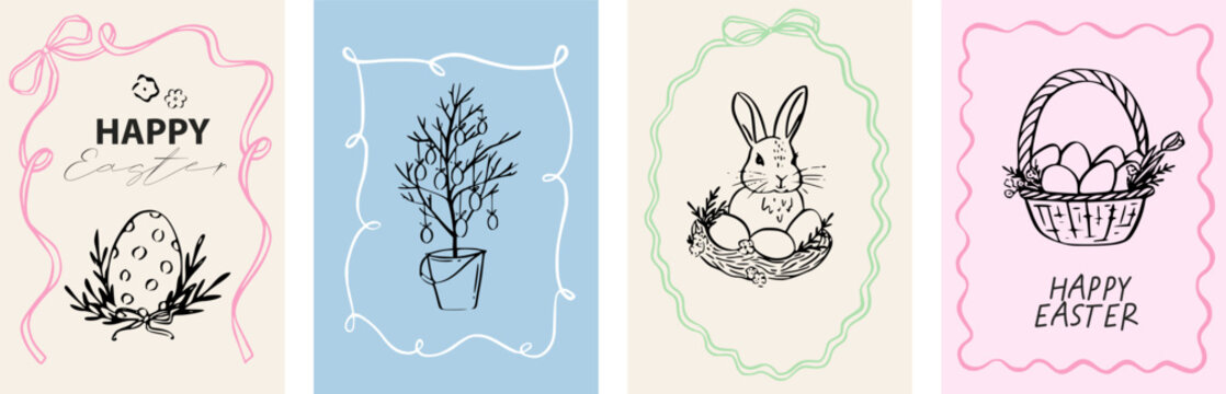 Easter bow whimsical floral frame ribbon coquette bunny flower spring for scrapbook and crafts with cute style. Border rabbit drawn design line vector pink graphic hand for social or design