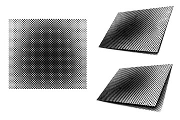 Printed dot mesh overlay A printed dot mesh overlay surface shown in front view, tilted view, and three-quarter perspective highlighting