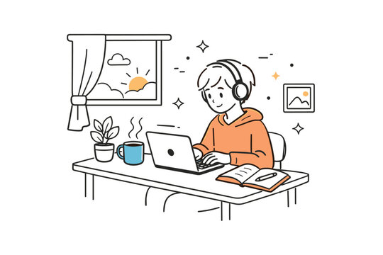 Remote learning cozy setups. Calm morning study scene with a student working on a laptop at a small desk near a window, soft daylight and warm focus, coffee