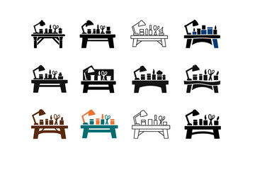 Naklejka premium Handicrafts. Icon set. Set Logo of Handicrafts: craft workshop table. harmonious logo variations of the same emblematic concept, each with different artistic