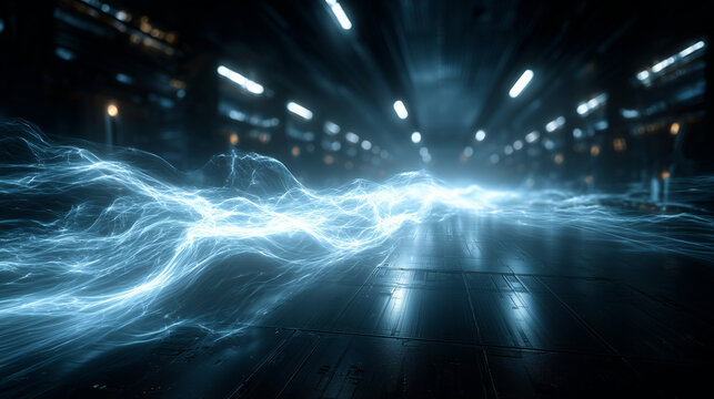 Electric Currents in a Tunnel: An artistic rendering of a tunnel interior, with the focus on flowing electric currents illuminating the scene, generating a dynamic and futuristic aesthetic.