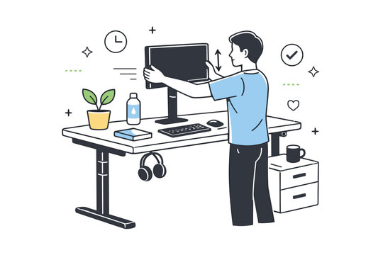 Home office setup. Standing desk scene with a person adjusting monitor height, focused on ergonomic comfort and healthy work routine. Calm