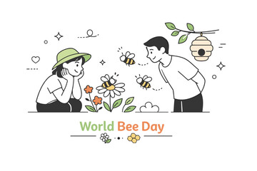 Obraz premium World Bee Day awareness. Simple human characters gently observing bees and flowers, showing respect and curiosity about nature. Calm eco-friendly atmosphere,