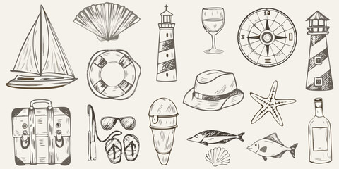 A collection of nautical themed sketches including boats lighthouses and shells © Dipa
