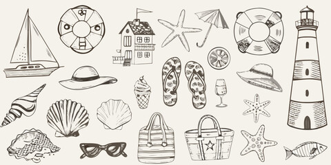 Vintage style sketch of various summer and nautical themed illustrations © Dipa