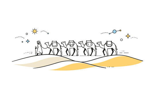 Camels walking on dunes. A small caravan of camels crosses gently rolling desert sand, abstract floating dots and lines emphasizing movement and serene travel.