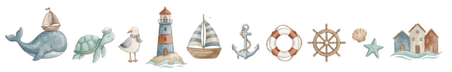 Watercolor nautical clipart set: whale, turtle, seagull, lighthouse, sailboat, houses. Collection of Vector illustrations. Perfect for invitation, card, poster, banner, decoration © maria