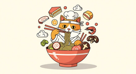 可愛い猫シェフが作る明るい色の美味しいラーメンイラスト