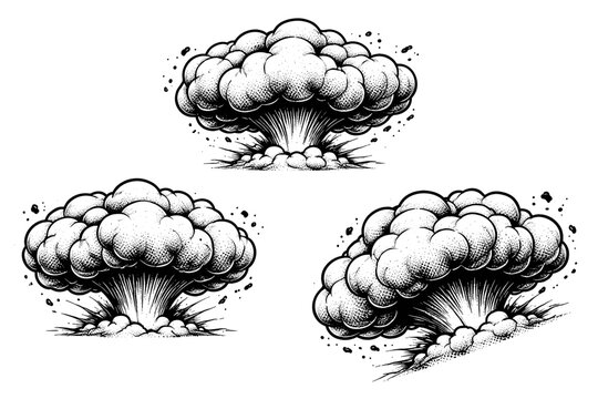 Comic impact explosion cloud object shown in three views including front view, side view, and angled view highlighting rounded lobes and
