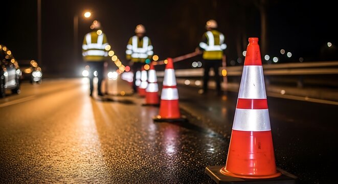 Workers in reflective vests standing near traffic cones on a wet road at night