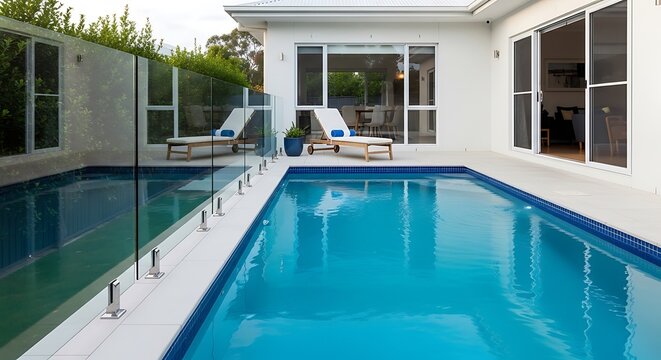 Modern backyard with rectangular swimming pool and glass fence