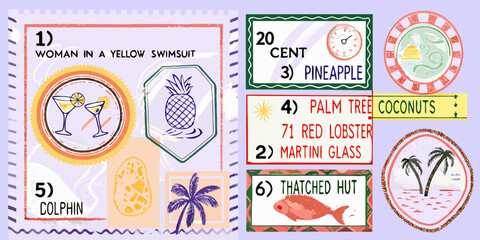 Colorful postage stamps depict tropical themes and whimsical illustrations © Dipa