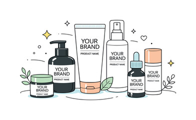 Collection of cosmetic products and skincare bottles with minimalist design elements